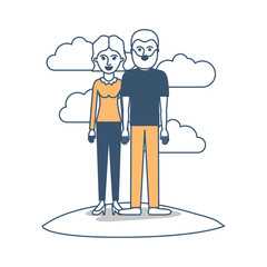 couple in color sections silhouette scene outdoor and her with blouse long sleeve and pants and heel shoes with short wavy hair and him with t-shirt and pants and shoes with short hair and beard