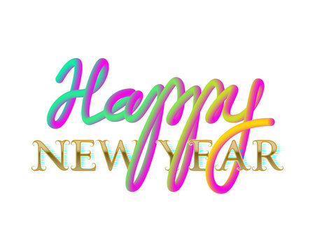 Happy New Year golden and fluid colors lettering for greeting card design on white background.