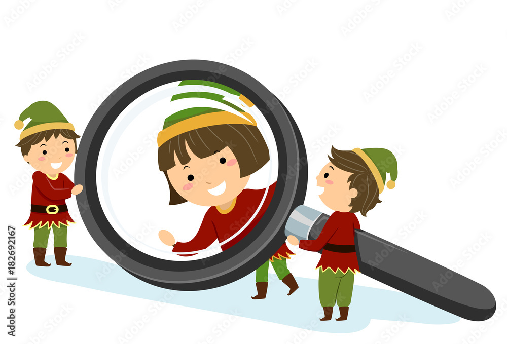 Wall mural stickman kids elf magnifying glass illustration