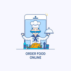 Order food on line banners. Professional chefs, Cooking process. Thin line flat design concept