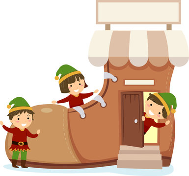 elves playing around giant shoe house clip art preview