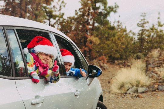 Christmas Car Travel- Happy Kids Travel In Winter