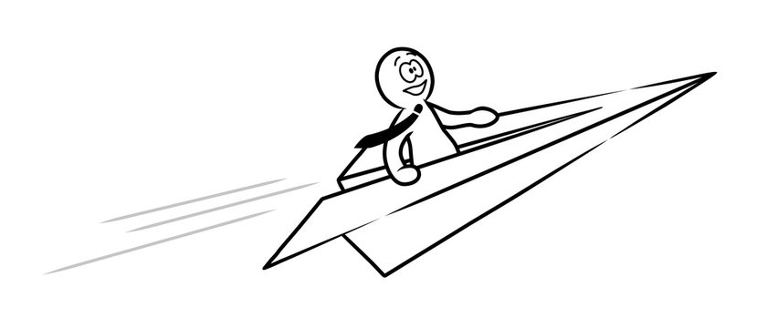 Ein schwarz-weißes Strichmännchen mit Schlips fliegt im Papierflieger aufwärts / gezeichnet, Vektor, freigestellt