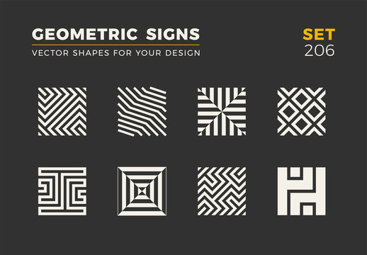 Set of eight minimalistic trendy shapes. Stylish vector logo emblems for Your design. Simple geometric signs collection.