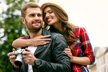 Beautiful Couple Taking Photos On Camera, Traveling