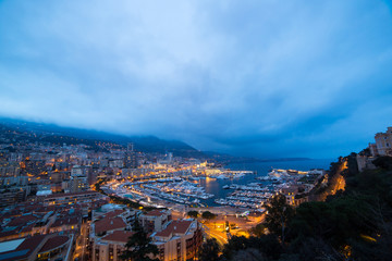 Cityscape of La Condamine at night, Monaco. Principality of Monaco, French Riviera