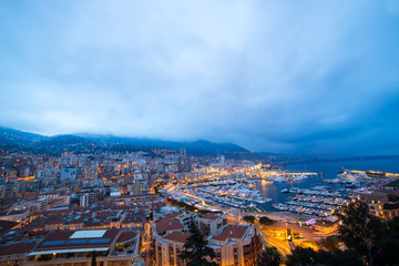 Cityscape of La Condamine at night, Monaco. Principality of Monaco, French Riviera