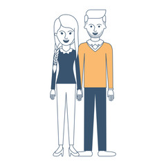 couple in color sections silhouette and her with blouse long sleeve and pants and heel shoes with braid and fringe hairstyle and him stubble beard and sweater and pants and shoes with side parted