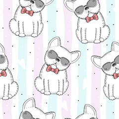 seamless pattern with Black and white vector sketch of a dog. Vector Illustration