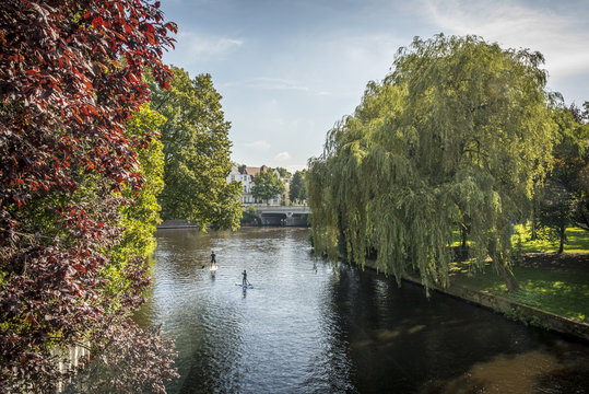 Germany, Hamburg, Eppendorf, Isebek Channel, Stand up paddle surfing