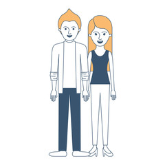 couple in color sections silhouette and him with shirt and jacket and pants and shoes with short hair and her with t-shirt sleeveless and pants and heel shoes with long straight hair vector