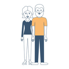 couple in color sections silhouette and her with blouse long sleeve and pants and heel shoes with short wavy hair and him with t-shirt and pants and shoes with short hair and beard vector illustration