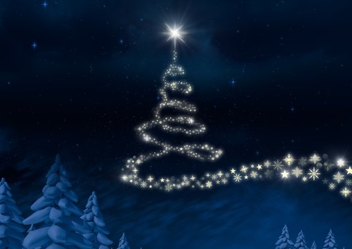 Snowflake Christmas tree pattern shape glowing in Winter night