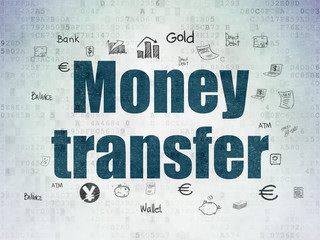 Banking concept: Painted blue text Money Transfer on Digital Data Paper background with  Hand Drawn Finance Icons