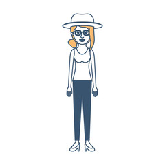 woman with hat and glasses and t-shirt sleeveless and pants and heel shoes with collected hair and fringe in color sections silhouette vector illustration