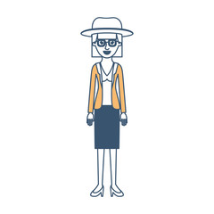 woman with hat and glasses and blouse with jacket and skirt and heel shoes with mushroom hairstyle in color sections silhouette vector illustration