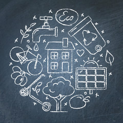 Set of sketch style ecology icons on chalkboard