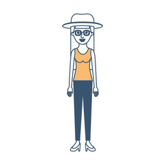 woman with hat and glasses and blouse sleeveless and pants and heel shoes with long straight hair in color sections silhouette vector illustration