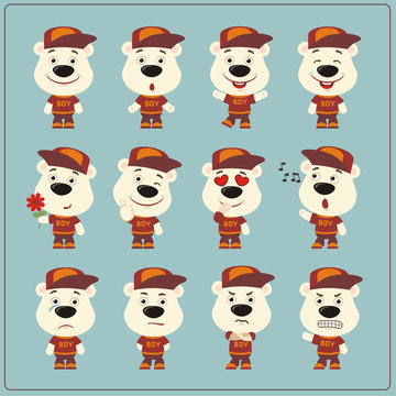 Set of polar bear little boy in cartoon style. Collection of isolated polar bear in clothes and cap.