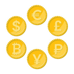 Currency flat icon set. Euro, dollar, bitcoin, yuan, ruble and pound sterling golden vector coins