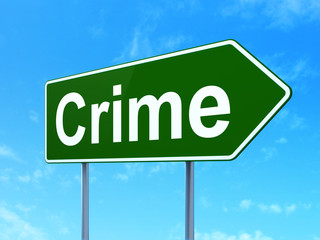 Safety concept: Crime on green road highway sign, clear blue sky background, 3D rendering