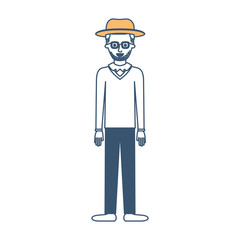 man with hat and glasses and sweater and pants and shoes with short hair and stubble beard in color sections silhouette vector illustration