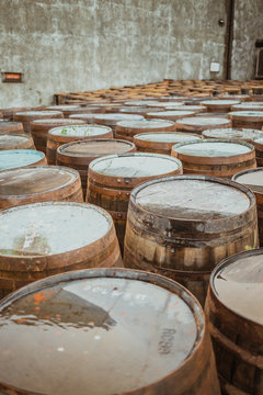 Wooden barrels on stone surface