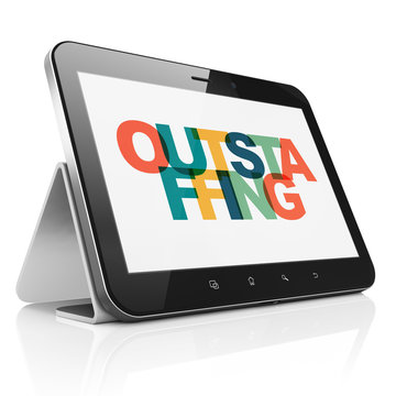 Business concept: Tablet Computer with Painted multicolor text Outstaffing on display, 3D rendering