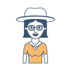 woman half body with hat and glasses and blouse with short straight hair in color sections silhouette vector illustration