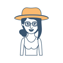 woman half body with hat and glasses and t-shirt sleeveless with collected hair and fringe in color sections silhouette vector illustration