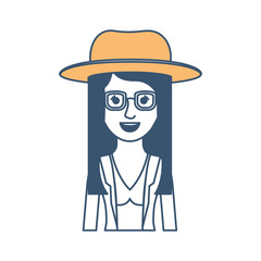 woman half body with hat and glasses and blouse with jacket and layered hair in color sections silhouette vector illustration