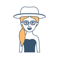 woman half body with hat and glasses and strapless dress with pigtail hairstyle in color sections silhouette vector illustration
