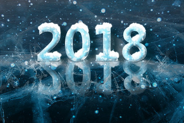 2018 New Year on ice frosted background. Snow flakes