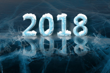2018 New Year on ice frosted background.