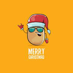 vector funky comic cartoon cute brown smiling santa claus potato with red santa hat and calligraphic merry christmas text isolated on orange background. vector funky christmas character