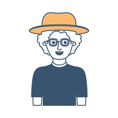 man half body with hat and glasses and t-shirt with curly hair in color sections silhouette vector illustration