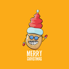 vector funky comic cartoon cute brown smiling santa claus potato with red santa hat and calligraphic merry christmas text isolated on orange background. vector funky christmas character