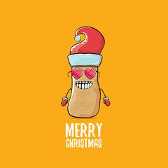 vector funky comic cartoon cute brown smiling santa claus potato with red santa hat and calligraphic merry christmas text isolated on orange background. vector funky christmas character