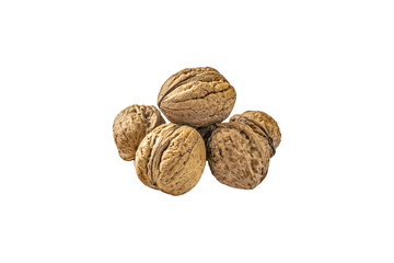 Walnuts isolated in white background. Persian walnut seeds. Slide of the six fetuses