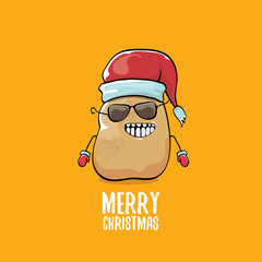 vector funky comic cartoon cute brown smiling santa claus potato with red santa hat and calligraphic merry christmas text isolated on orange background. vector funky christmas character