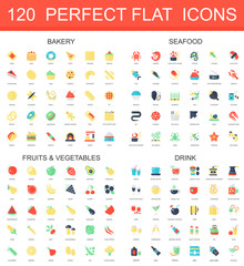 120 modern flat icon set of bakery, seafood, fruits, vegetables, drink icons.
