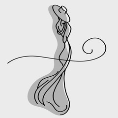 back of female model with small hat and shadow vector illustration sketch hand drawn with black curved lines isolated on gray background