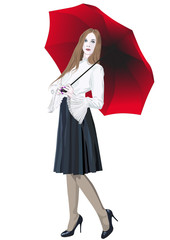 A girl in a skirt is standing with a red umbrella