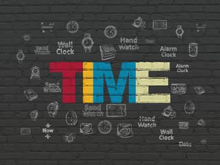 Timeline concept: Painted multicolor text Time on Black Brick wall background with  Hand Drawing Time Icons
