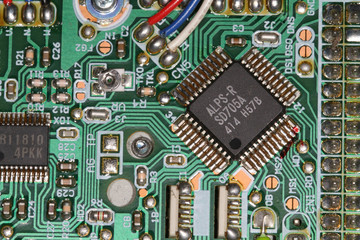 Computer chips and circuit board in detail.