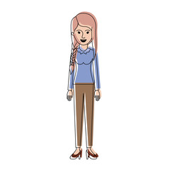 woman full body with blouse long sleeve and pants and heel shoes with braid and fringe hairstyle in watercolor silhouette vector illustration