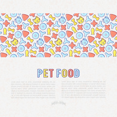 Pet food concept with thin line icons of dry food in different shapes and cute dog and cat. Modern vector illustration.