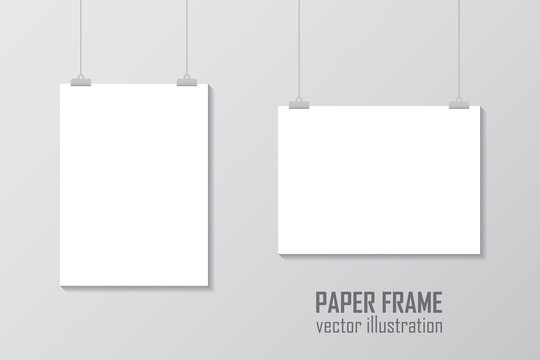 Empty A4 sized vector paper frame mockup hanging with paper clip - stock vector