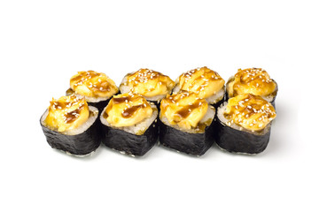 Sushi rolls on a white background. Japanese cuisine sushi rolls of different kinds on a white background isolated