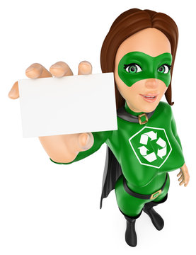 3D Woman superhero of recycling showing a blank card